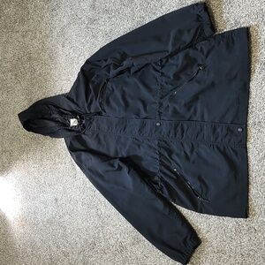 Vintage Eddie Bauer Black Nylon Rain Jacket w Hood, Drawstring Waist